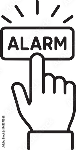 Human hand pressing emergency alarm button representing active security warning and cyber attack defense response outline vector design
