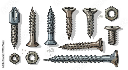 Collection of screws and nuts, hand-drawn illustration