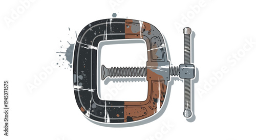 Cracked letter O squeezed by clamp, distressed grunge design