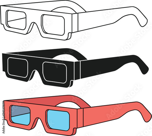 3d glasses icon set illustration, cinema movie eyewear in different styles, black white red frames, entertainment viewing accessory design