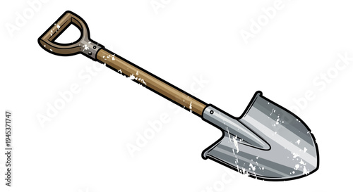 Illustration of a weathered garden spade with wooden handle on white background.