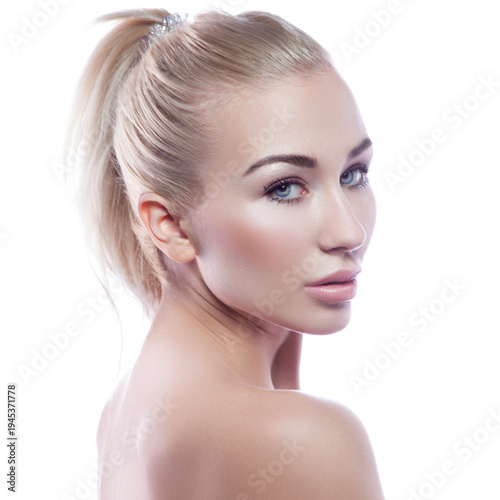 beautiful blonde hair caucasian blonde woman isolated on white background. Nude makeup