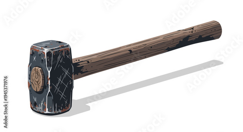 Sledgehammer, heavy metal tool, weathered wood handle, isolated on white background