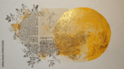 Abstract mixed media artwork featuring a golden sun or moon motif layered over vintage text and botanical illustrations, creating a contemporary collage with symbolic elements