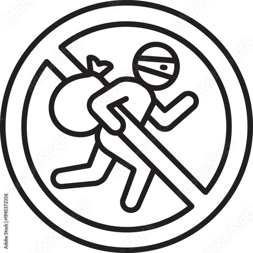 Anti theft prohibition sign with crossed out burglar carrying bag representing crime restriction and security protection vector design