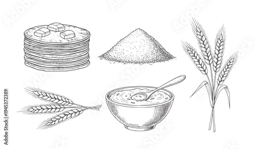 Hand drawn stack of pancakes with butter wheat stalks and bowl of porridge grain