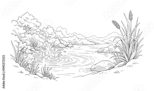 Lively water splash in a serene natural landscape with reeds and distant hills nature