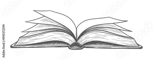 Open book with fanned pages and sketchy lines vintage