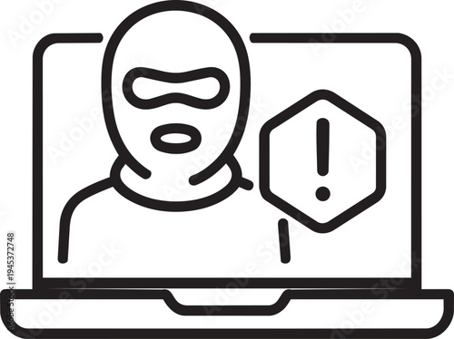 Laptop computer screen showing masked criminal face and alert symbol for dangerous spyware hacking and digital cyber attack