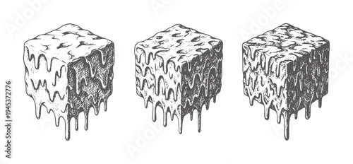 Three melting cubes with dripping liquid in a style monochrome