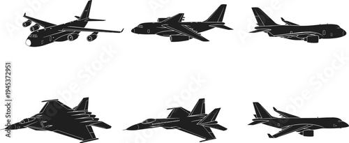 Collection of airplane silhouettes including passenger jets cargo aircraft and fighter planes isolated vector set for aviation transport travel design