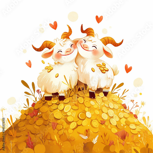Two happy goats stand on a pile of gold coins with hearts around them, showing joy and friendship in a cartoon style