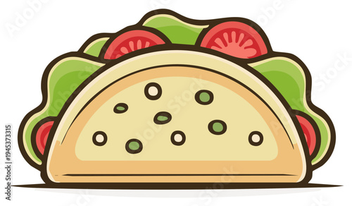 Bright cartoon taco illustration featuring fresh sliced tomatoes, vibrant lettuce, and creamy sauce in a crispy shell for lunch