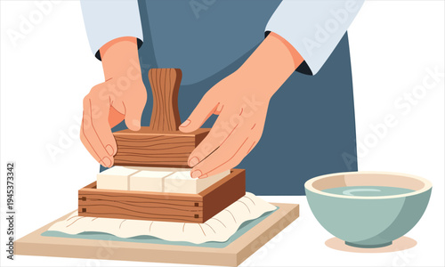 Hands Pressing Tofu with a Wooden Mold on a Table