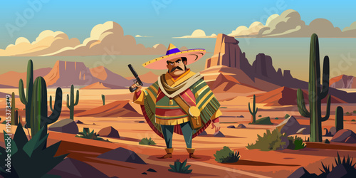 desert, cordillera, cacti, succulents, clouds, rocks, sand, sandstone, mountains, bushes, grass, shadow, vector, panorama, banner, postcard, scenery, america, mexico, romance, adventure, western, natu