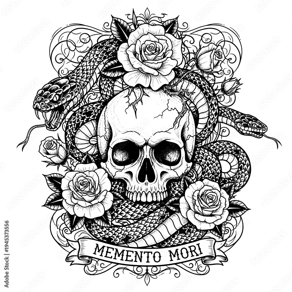 Fototapeta premium Black and White Tattoo Design Featuring a Skull With Roses and Snakes