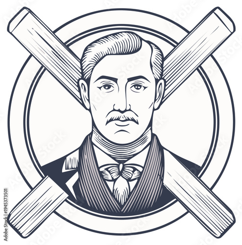 Retro illustration of a gentleman with crossed bats, vector design.