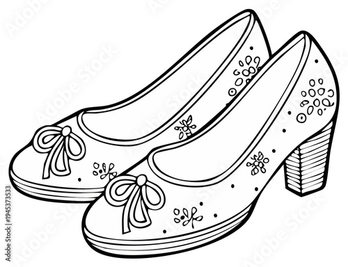 Black and white illustration of high heel shoes with bows and floral designs