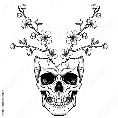 Black and White Digital Illustration of a Skull With Floral Crown