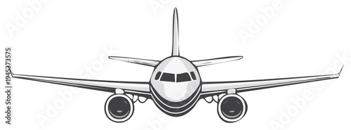 Front view of an airplane illustration with engines and wings, flight concept