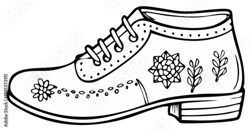 Decorative Hand-drawn Outline of a Woman's Oxford Shoe with Floral Motifs