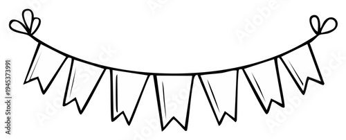 Outline bunting banner with pennants hanging from tied string for birthday, celebration, or party decoration, simple design