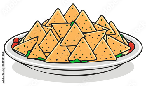 Cartoon Styled Nachos on a Plate with Peppers and Guacamole