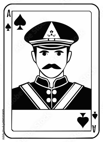 Classic Ace of Spades playing card with a distinguished officer in uniform and mustache illustration