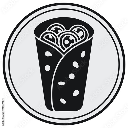 Black and white illustration of a tasty wrap with fillings, in a simple circular frame for logo design or food icon