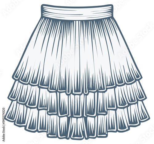 Frilly skirt vector illustration. Cartoon of garment with cascading ruffles. Trendy, festive clothing, feminine design with layered fabric.