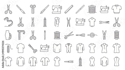 Sewing and Tailoring Tools and Garment Line Icon Set