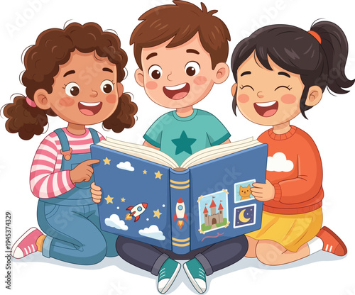 Students Reading Book Together School Learning Design  