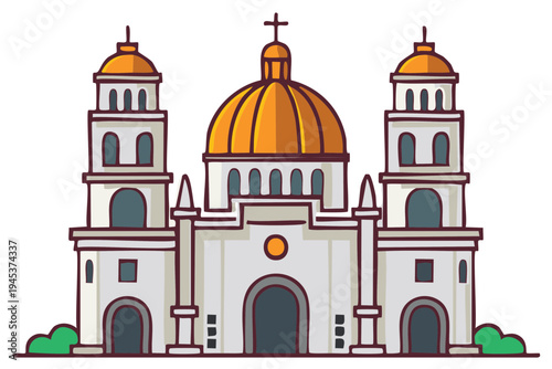 Illustrated architectural church building with golden domes and cross vector design, religion illustration.