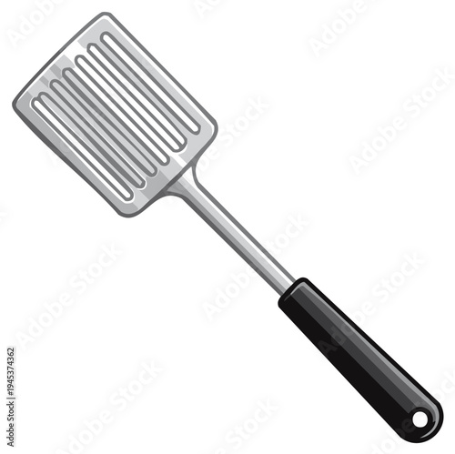 Metal kitchen spatula with slotted head and black handle on white background
