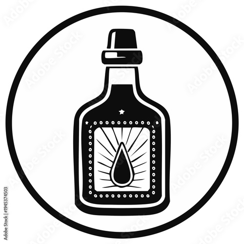 Black and white stylized bottle with label inside a circle graphic element for liquids or elixirs