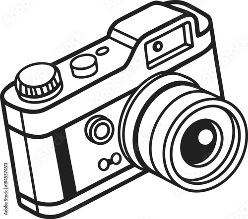 Vintage Camera Line Art Vector Illustration – Photography Equipment Black and White Outline Icon