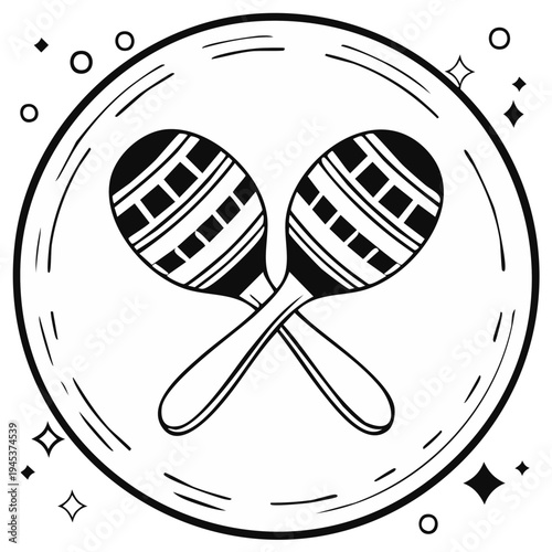 Line art icon illustration of two crossed maracas percussion musical instruments with stripes pattern inside a circle shape with stars