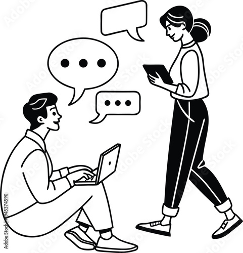 Online Communication Between Man and Woman Using Laptop and Tablet – Chat Message Bubble Line Art Vector Illustration