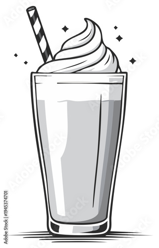 Classic creamy milkshake topped with whipped cream and a striped straw in a tall glass
