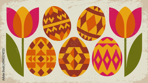 Vibrant easter eggs and tulips in orange pink and brown hues on beige background with green leaves