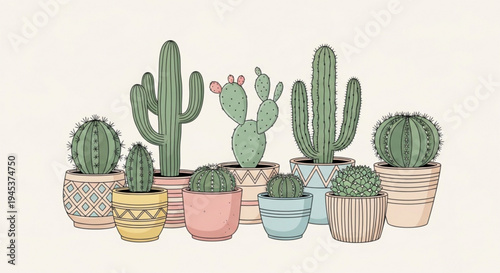Colorful collection of potted cacti and succulents in decorative planters on white background
