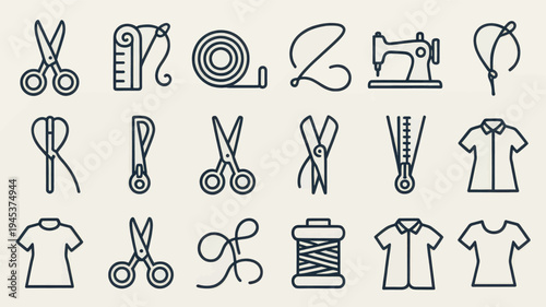 Sewing and Tailoring Tools Line Icon Set
