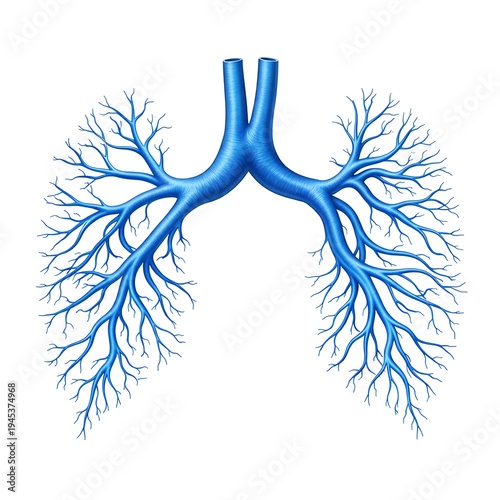 Human Lungs Bronchial Tree Anatomy Illustration, Blue Respiratory System Concept on White Background