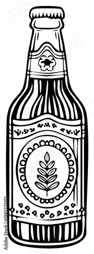 Vintage Beer Bottle Line Art with Wheat Emblem and Abstract Patterns