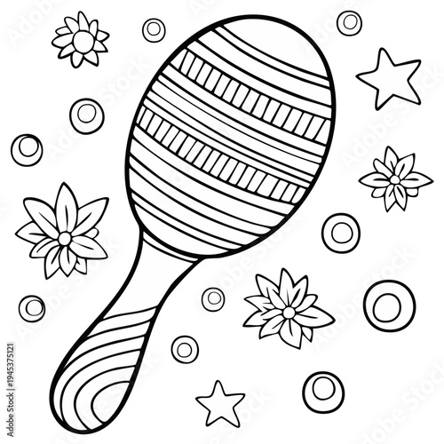 Black and white illustration of maraca, flowers, stars, and circles on a white background