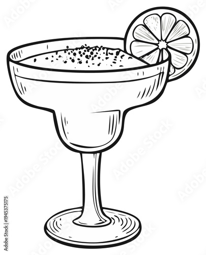 Hand drawn illustration of a refreshing margarita cocktail garnished with a citrus slice and salt rim