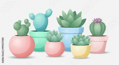 Collection of colorful potted succulents and cacti on white background indoor plants for decoration and home office