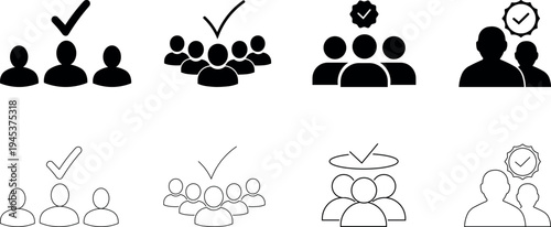 Candidate selection and employee verification icon outline and silhouette vector set for recruitment and human resources isolated on transparent background