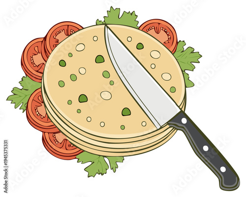 Illustration of stacked flatbreads with sliced tomatoes and lettuce, a knife cutting through the food