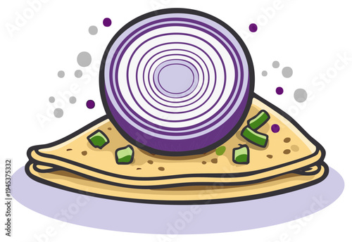 Flatbread stack topped with sliced purple onion and green herb pieces in a cartoon style